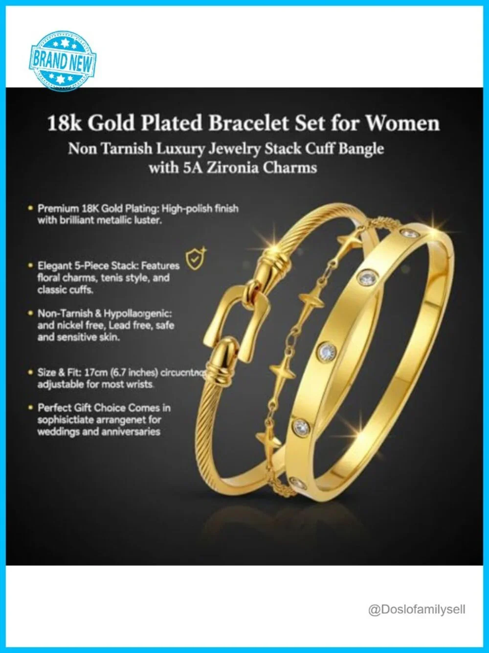 18K Gold Plated NonTarnish Stackable Love Bracelets Set with CZ Cross Star